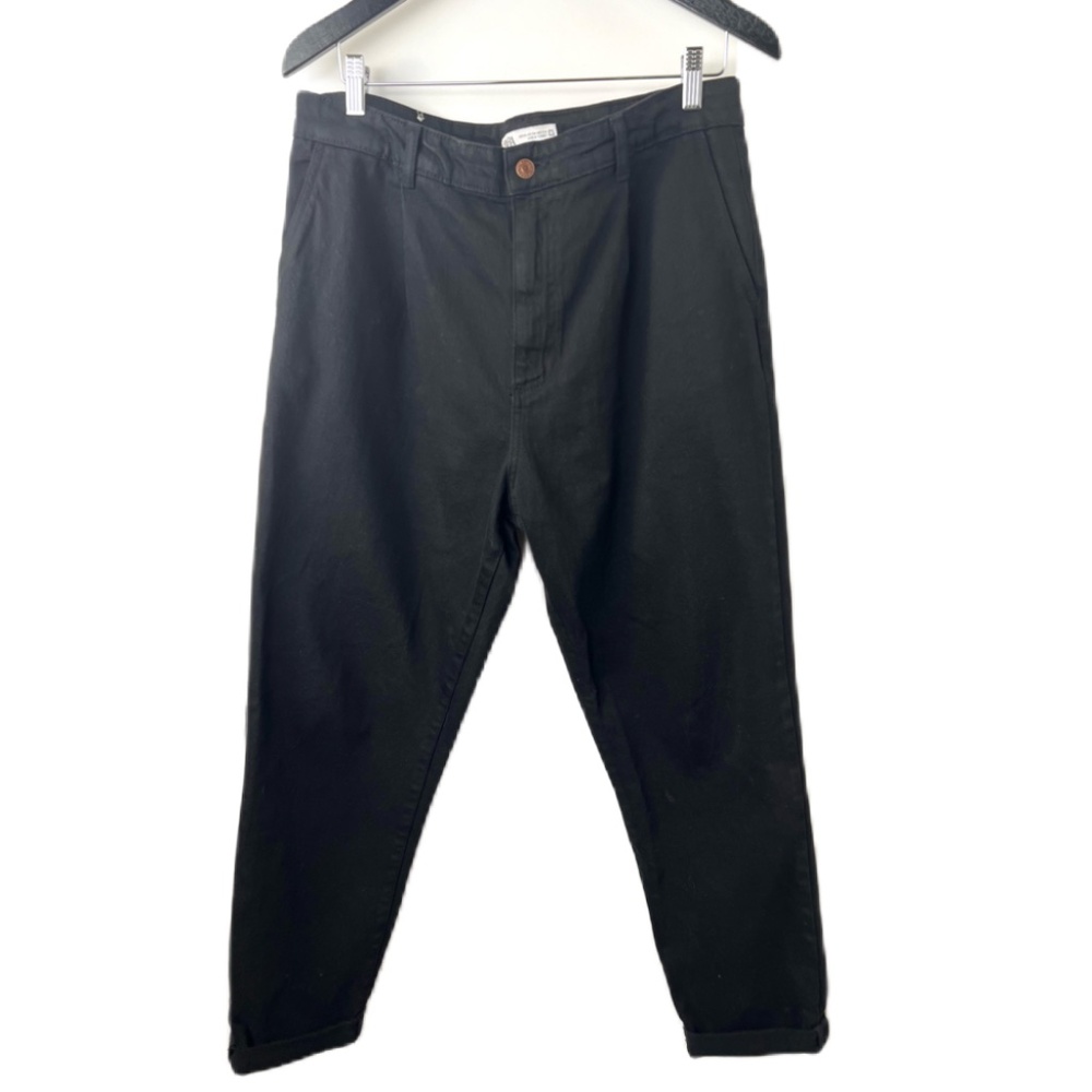 Zara High Rise Pleat Front Denim Roll Cuff Baggy Jean sz 34 Black Tapered Mom